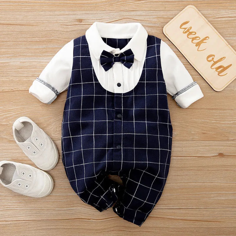 Gentleman-style cotton baby jumpsuit for boys in navy blue with long sleeves.