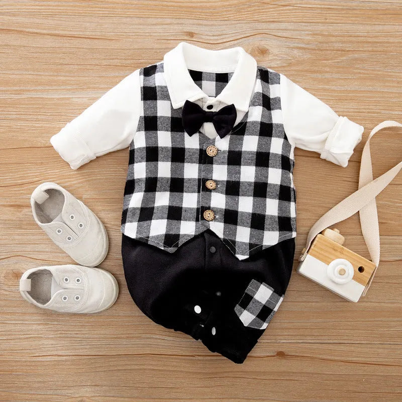 Gentleman-style cotton baby jumpsuit for boys in navy blue with long sleeves.