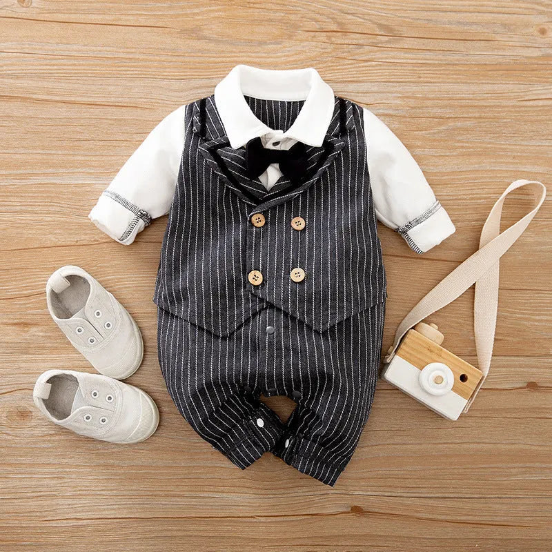 Gentleman-style cotton baby jumpsuit for boys in navy blue with long sleeves.
