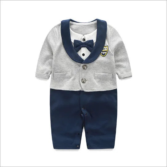 Gentleman-style cotton baby jumpsuit for boys in navy blue with long sleeves.