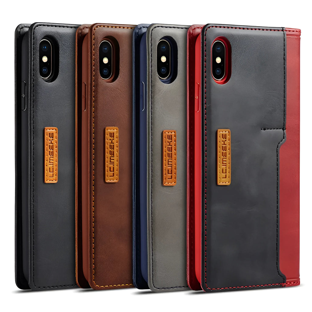 Black leather flip wallet case for iPhone open to show interior card slots and phone compartment.