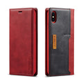 Black leather flip wallet case for iPhone open to show interior card slots and phone compartment.