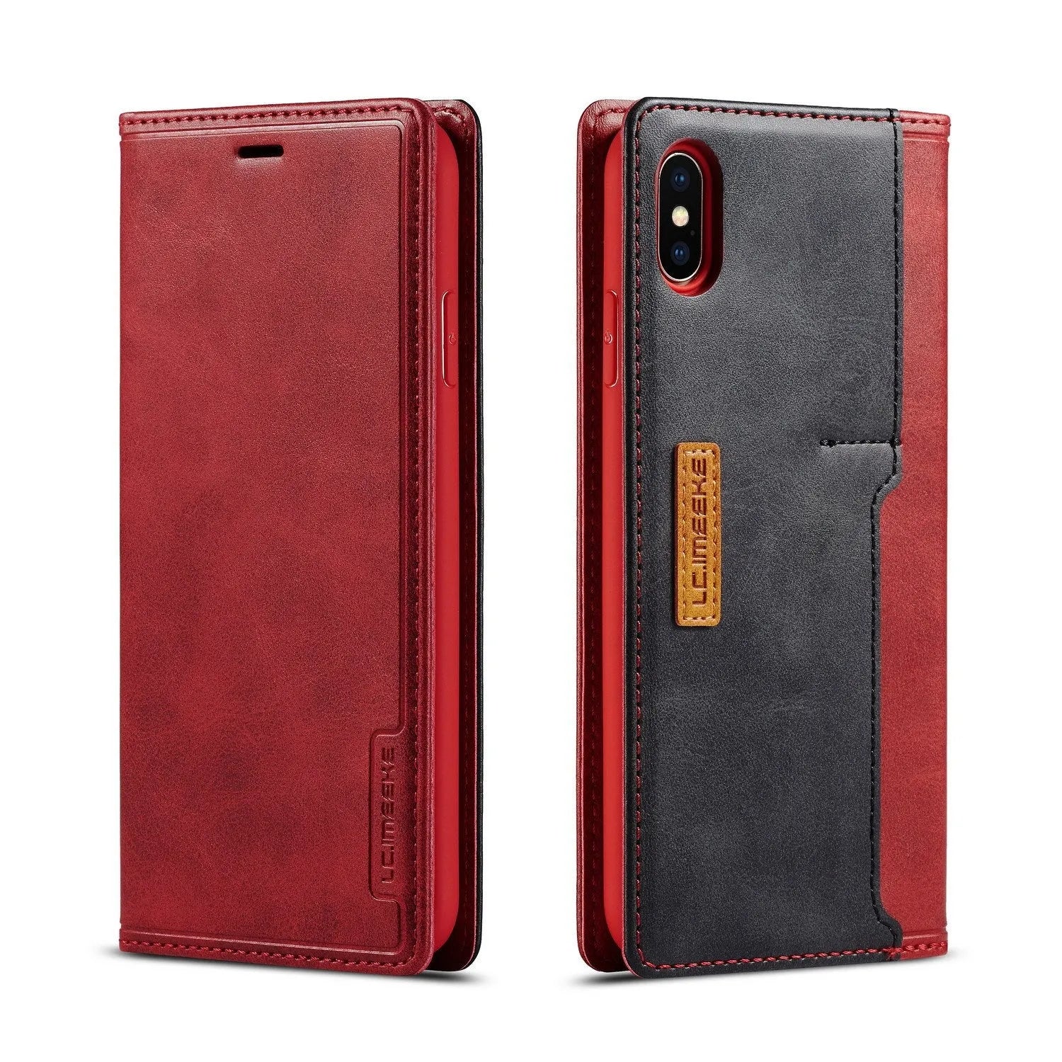 Black leather flip wallet case for iPhone open to show interior card slots and phone compartment.