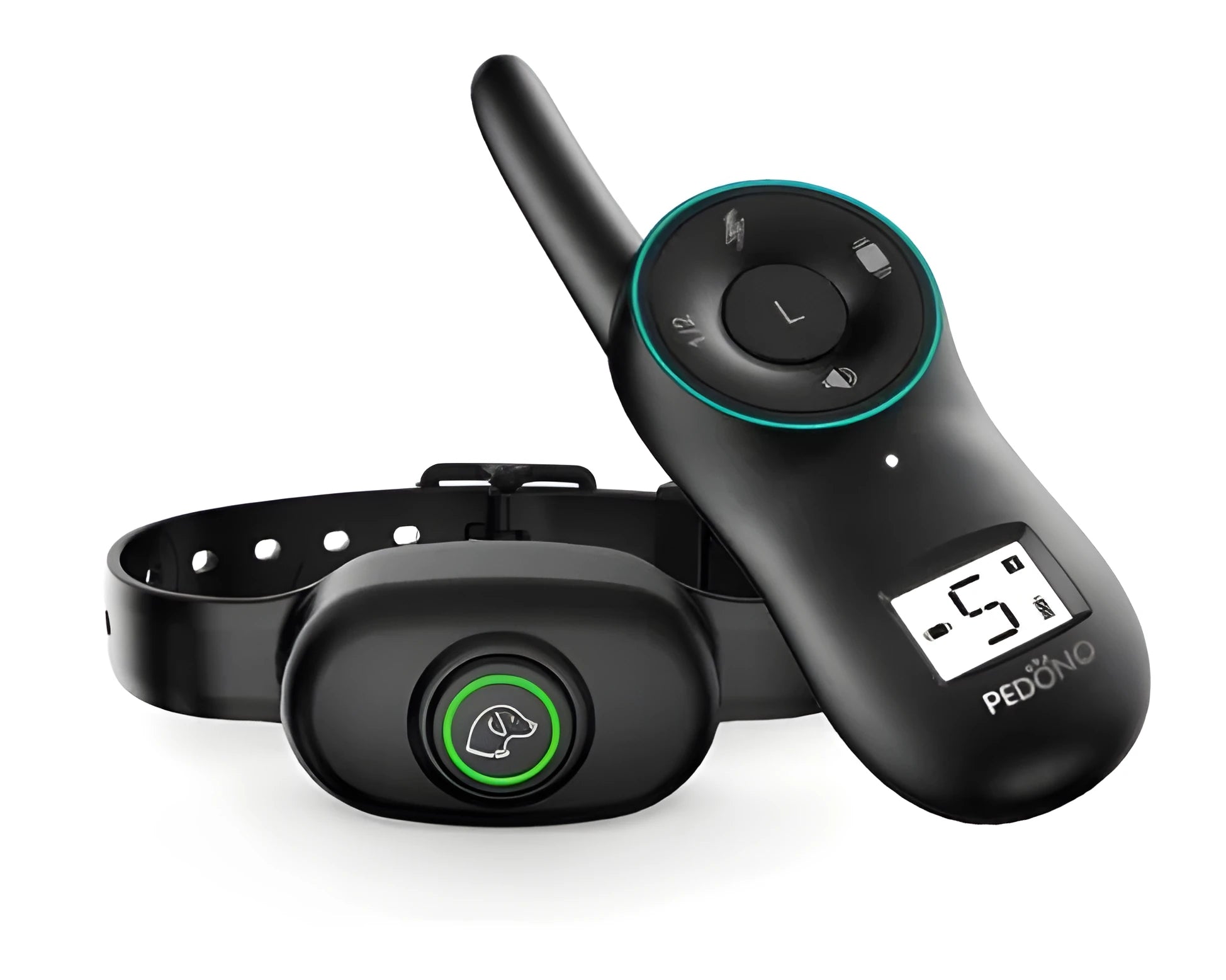 Black remote-controlled dog training collar with receiver unit and handheld transmitter on a table.
