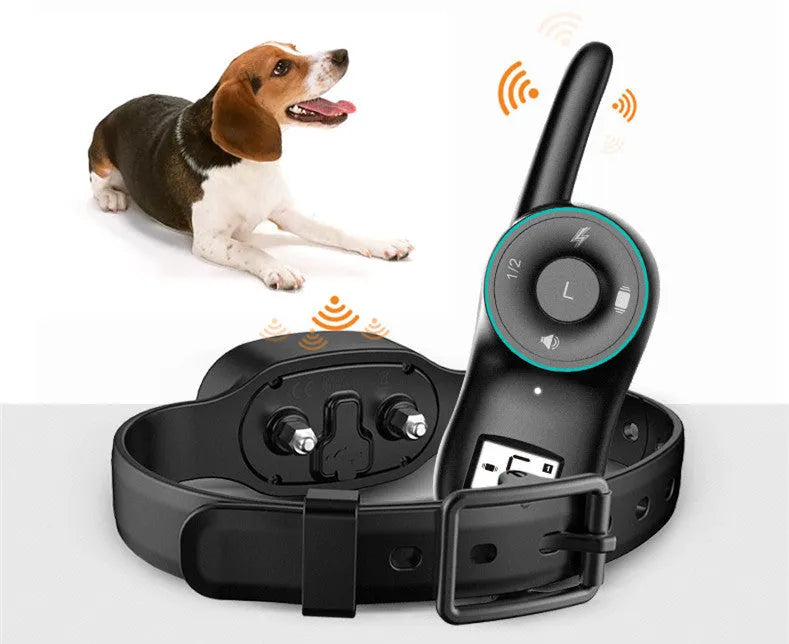Black remote-controlled dog training collar with receiver unit and handheld transmitter on a table.