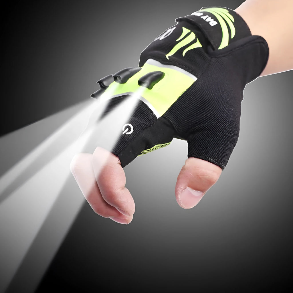 Fingerless black green outdoor sports bike lighting gloves with non-slip leather palm