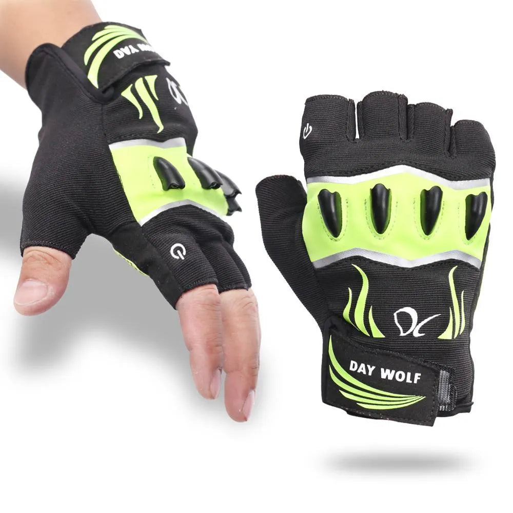 Fingerless black green outdoor sports bike lighting gloves with non-slip leather palm