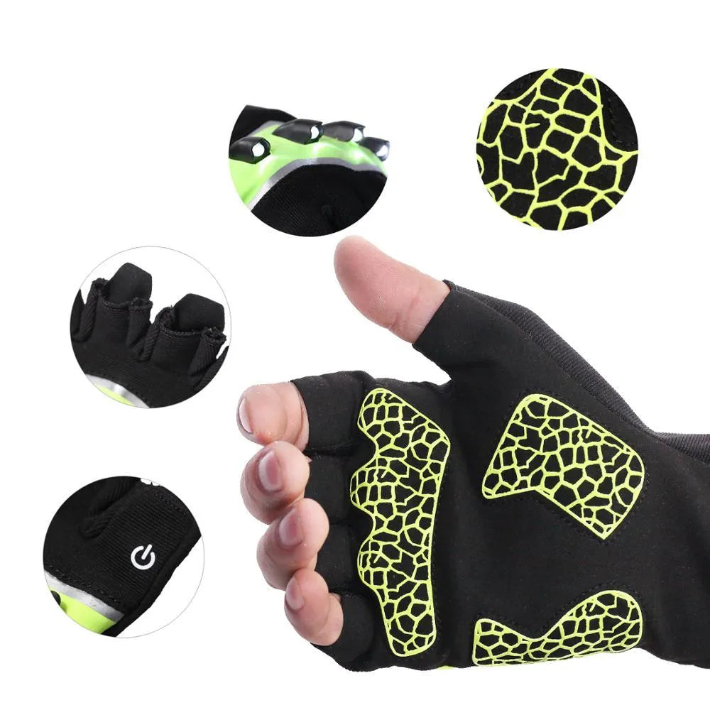 Fingerless black green outdoor sports bike lighting gloves with non-slip leather palm
