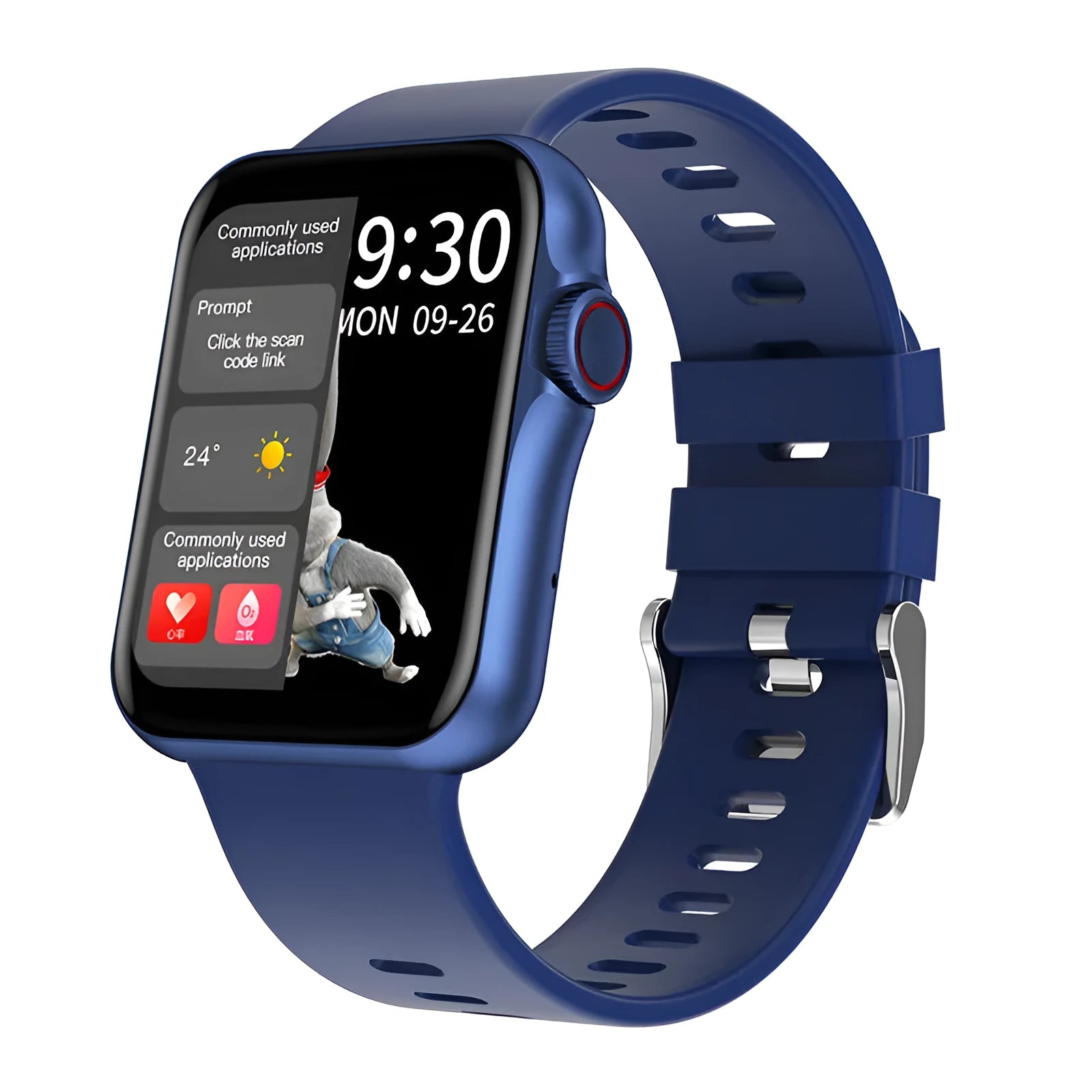Colour screen smart watch with liquid silicone strap showing split-screen display interface