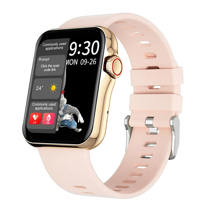 Colour screen smart watch with liquid silicone strap showing split-screen display interface