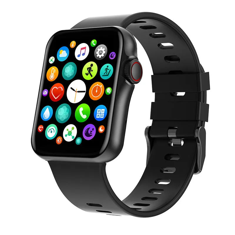 Colour screen smart watch with liquid silicone strap showing split-screen display interface