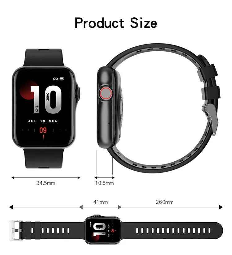 Colour screen smart watch with liquid silicone strap showing split-screen display interface