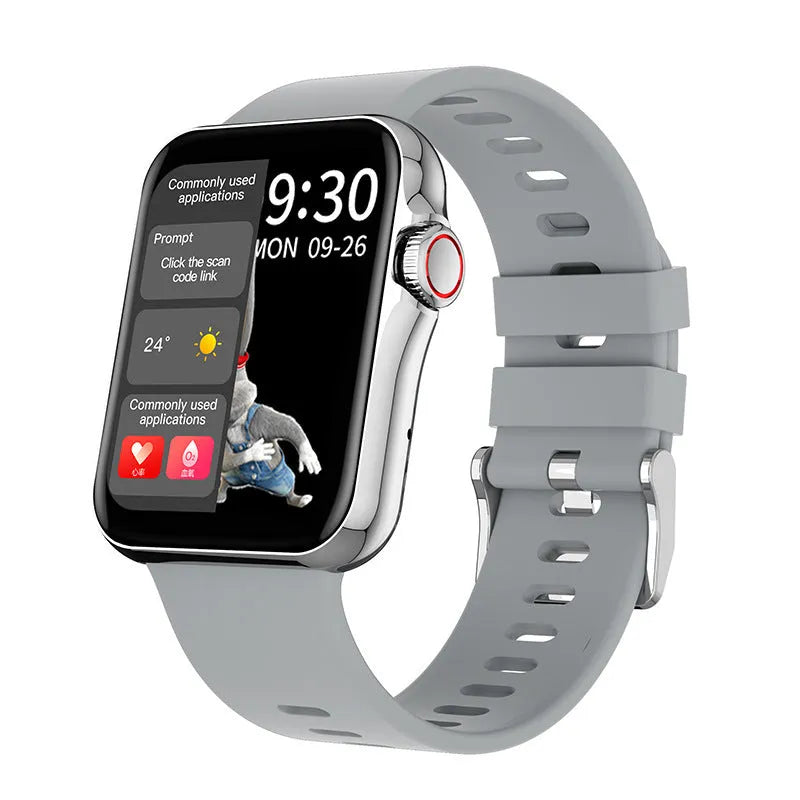 Colour screen smart watch with liquid silicone strap showing split-screen display interface