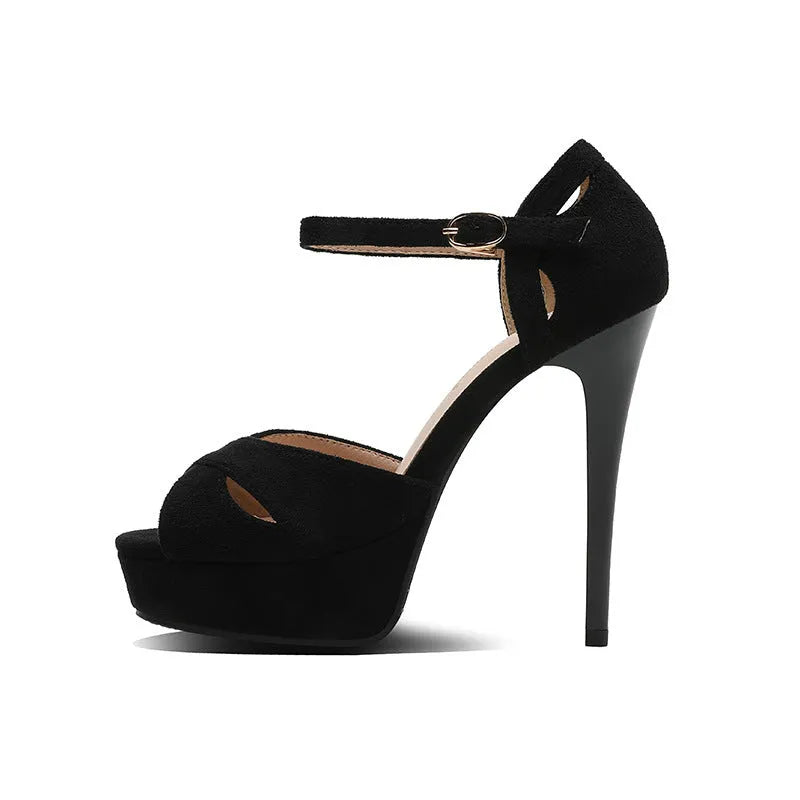 Black suede Roman style stiletto platform sandals with fish mouth toe and waterproof rubber sole