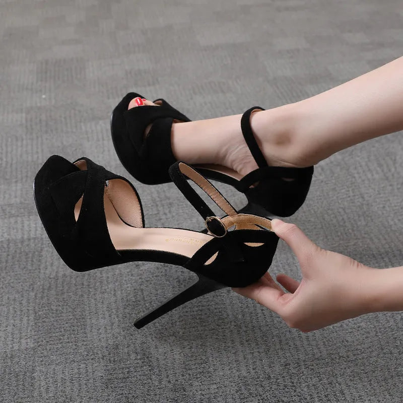 Black suede Roman style stiletto platform sandals with fish mouth toe and waterproof rubber sole