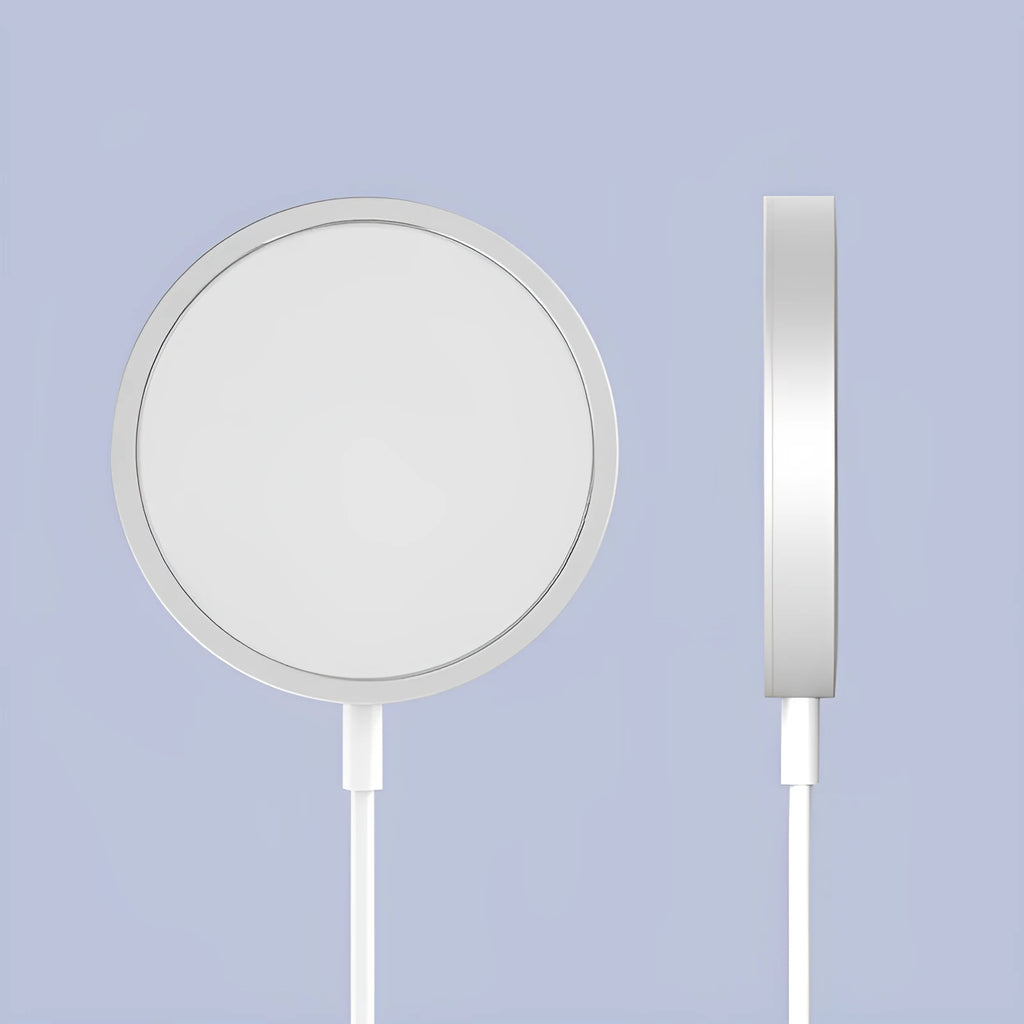 Silver metal Magsafe magnetic wireless charger for iPhone 12 and 13 series with USB connection