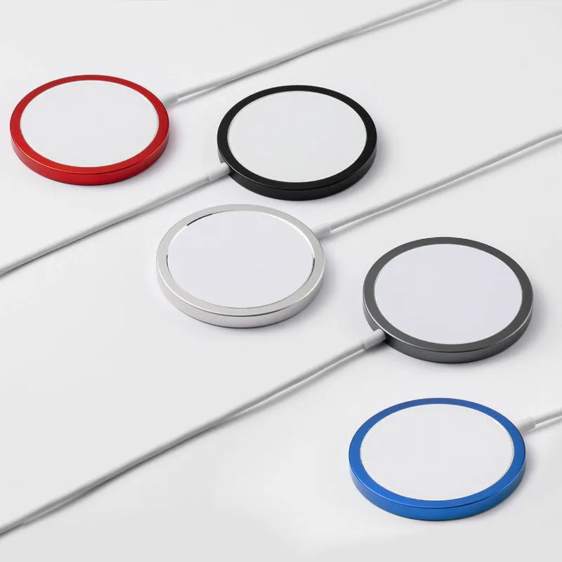 Silver metal Magsafe magnetic wireless charger for iPhone 12 and 13 series with USB connection