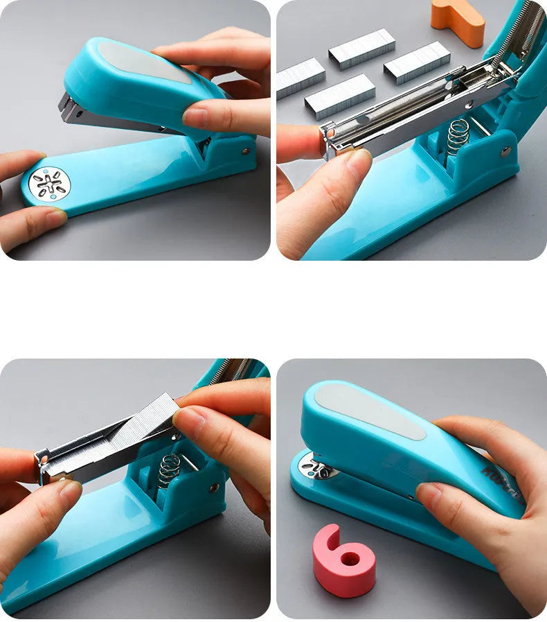 360-degree rotatable desk stapler in multiple colours showing binding directions and centre seam function.