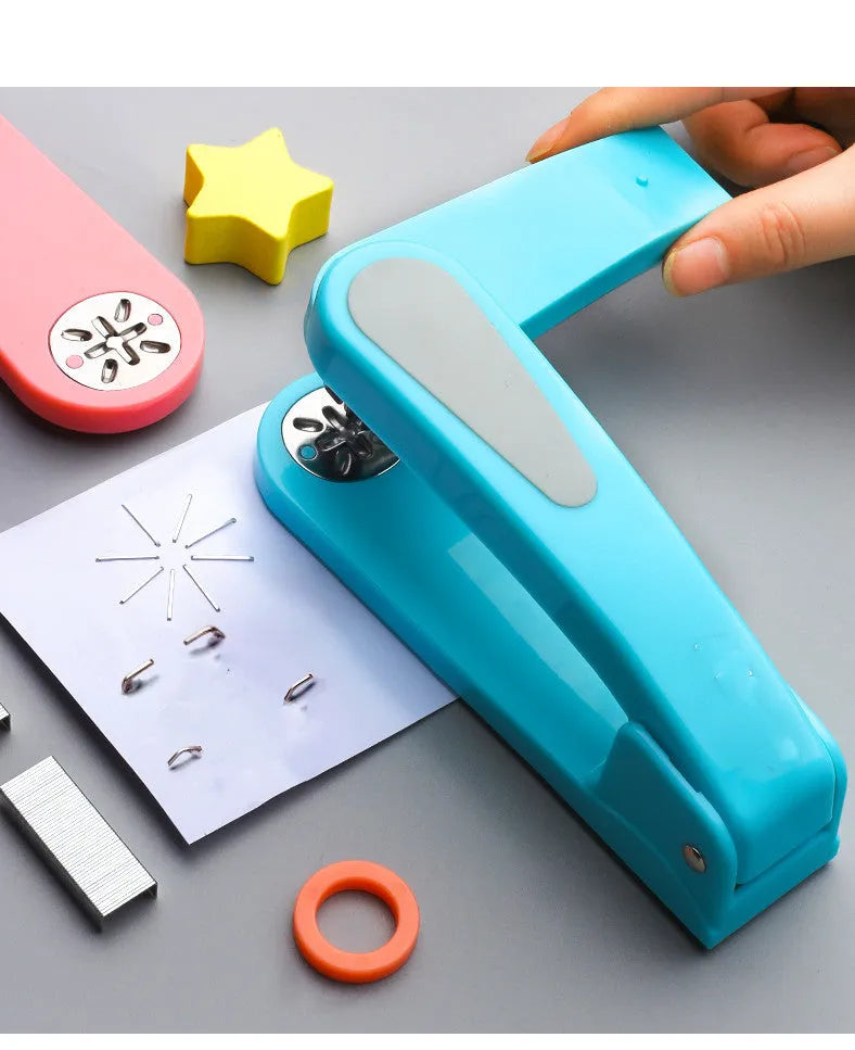 360-degree rotatable desk stapler in multiple colours showing binding directions and centre seam function.