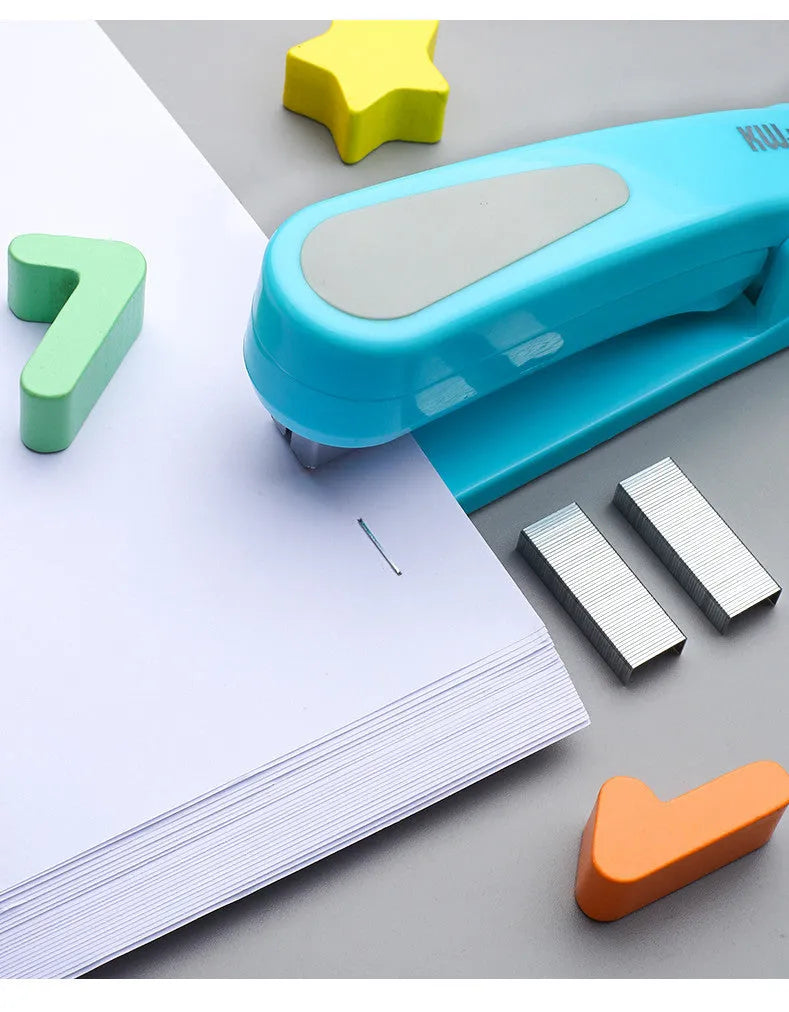 360-degree rotatable desk stapler in multiple colours showing binding directions and centre seam function.