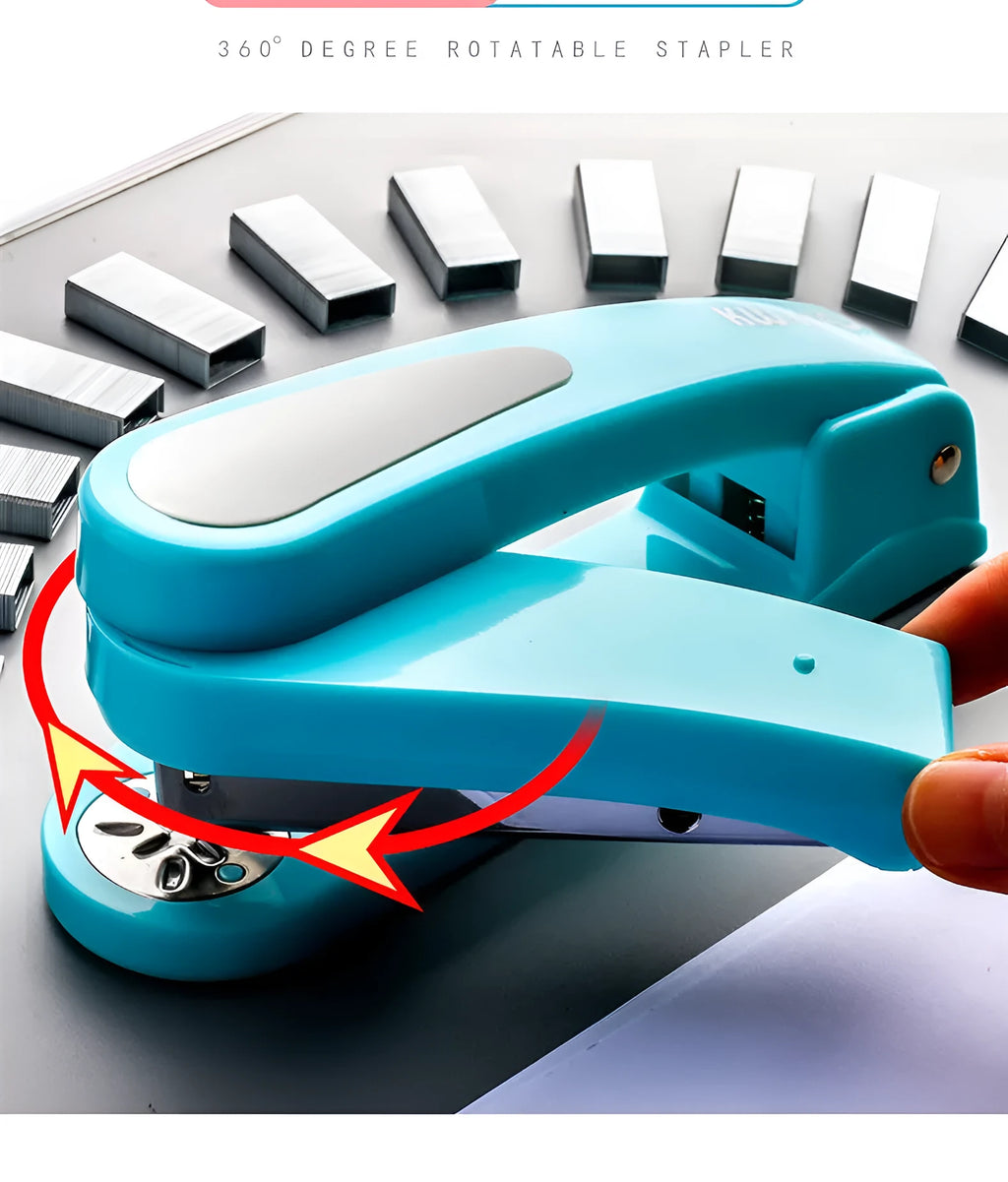360-degree rotatable desk stapler in multiple colours showing binding directions and centre seam function.