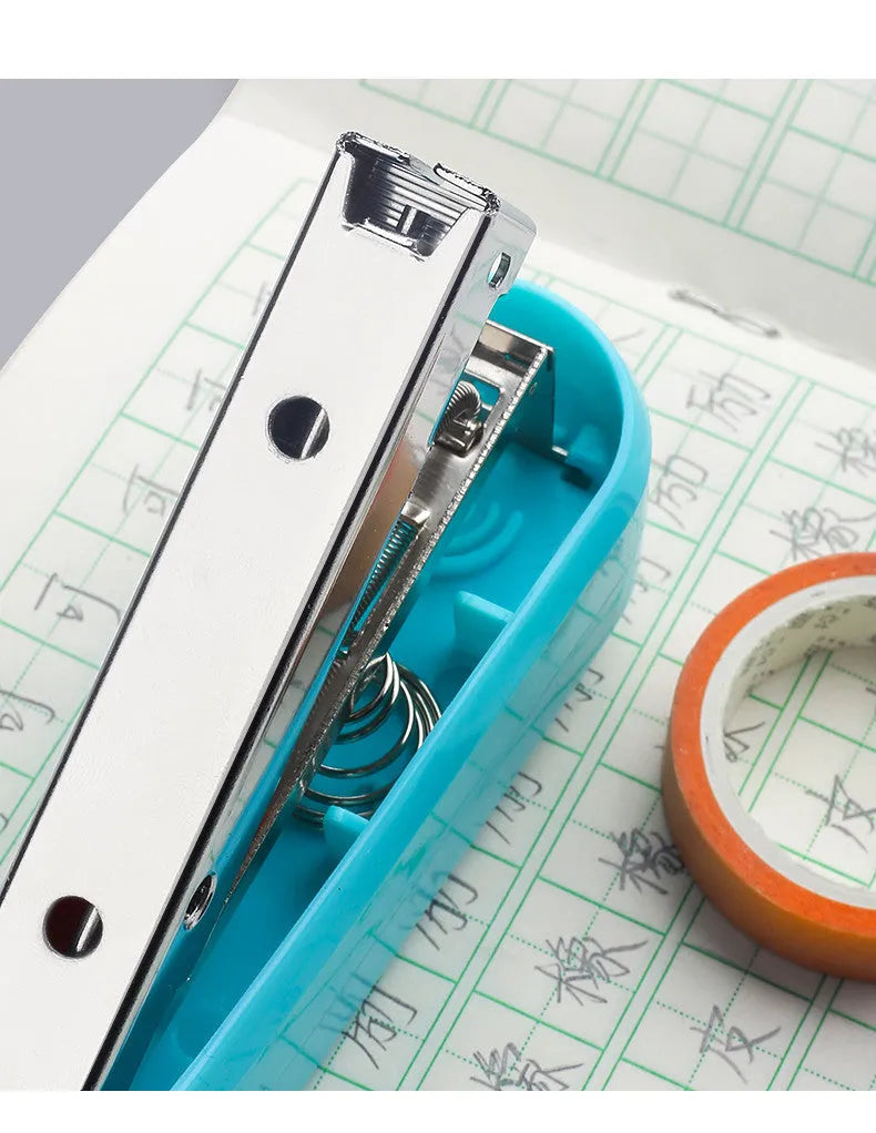 360-degree rotatable desk stapler in multiple colours showing binding directions and centre seam function.