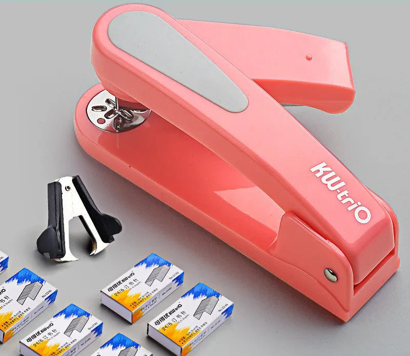 360-degree rotatable desk stapler in multiple colours showing binding directions and centre seam function.