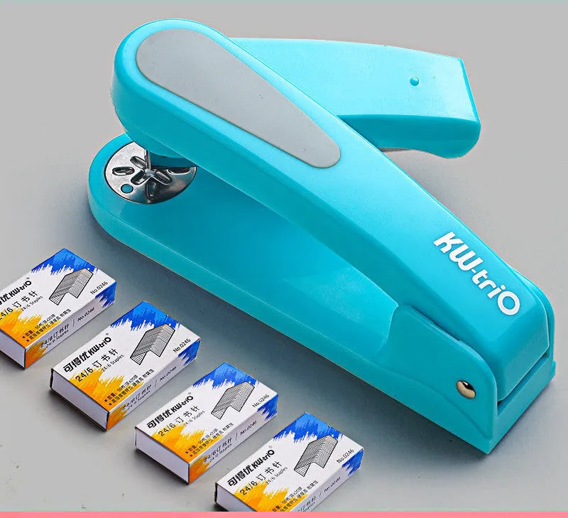 360-degree rotatable desk stapler in multiple colours showing binding directions and centre seam function.