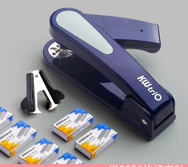 360-degree rotatable desk stapler in multiple colours showing binding directions and centre seam function.