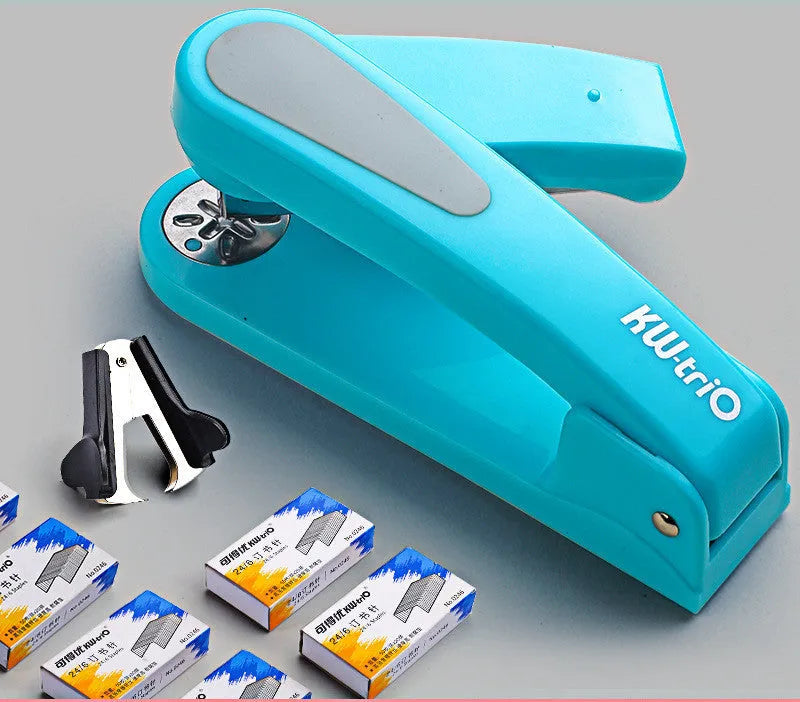 360-degree rotatable desk stapler in multiple colours showing binding directions and centre seam function.