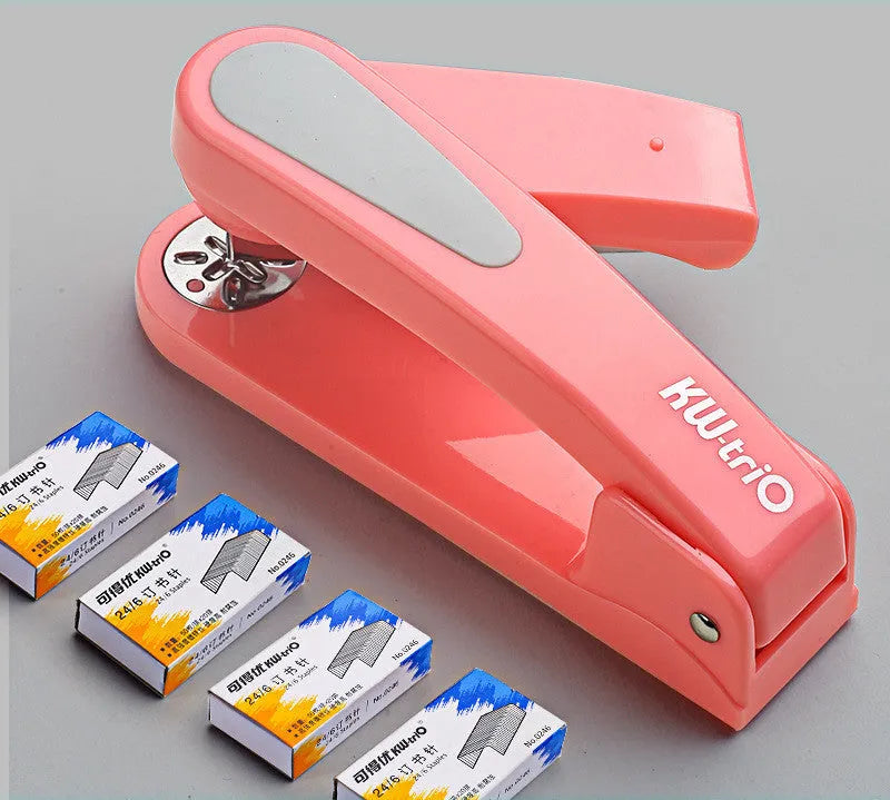 360-degree rotatable desk stapler in multiple colours showing binding directions and centre seam function.
