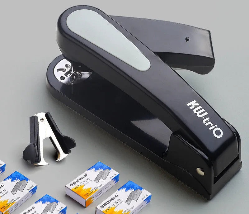 360-degree rotatable desk stapler in multiple colours showing binding directions and centre seam function.