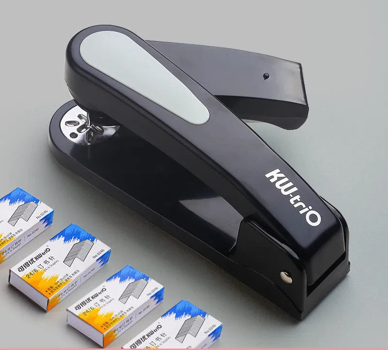 360-degree rotatable desk stapler in multiple colours showing binding directions and centre seam function.