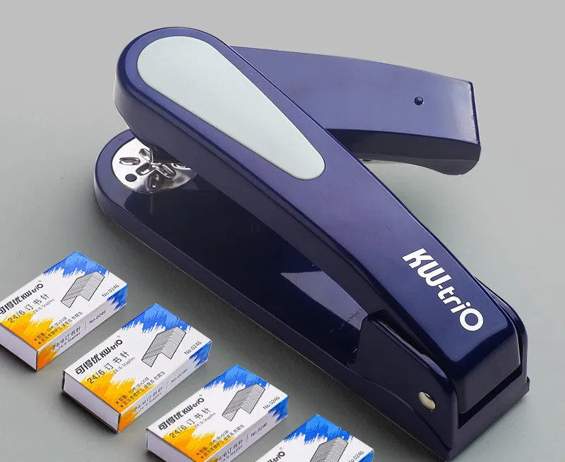 360-degree rotatable desk stapler in multiple colours showing binding directions and centre seam function.