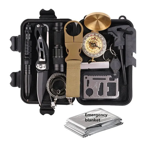 13-piece black stainless steel survival tool set with compass, flashlight and shockproof storage case