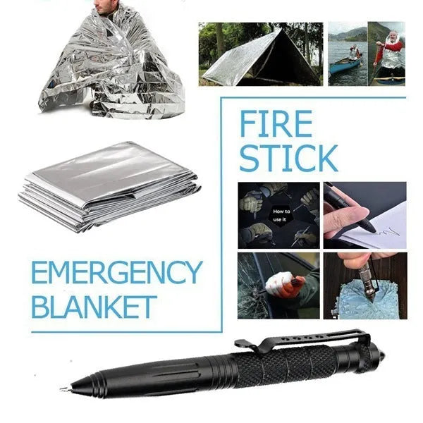 13-piece black stainless steel survival tool set with compass, flashlight and shockproof storage case
