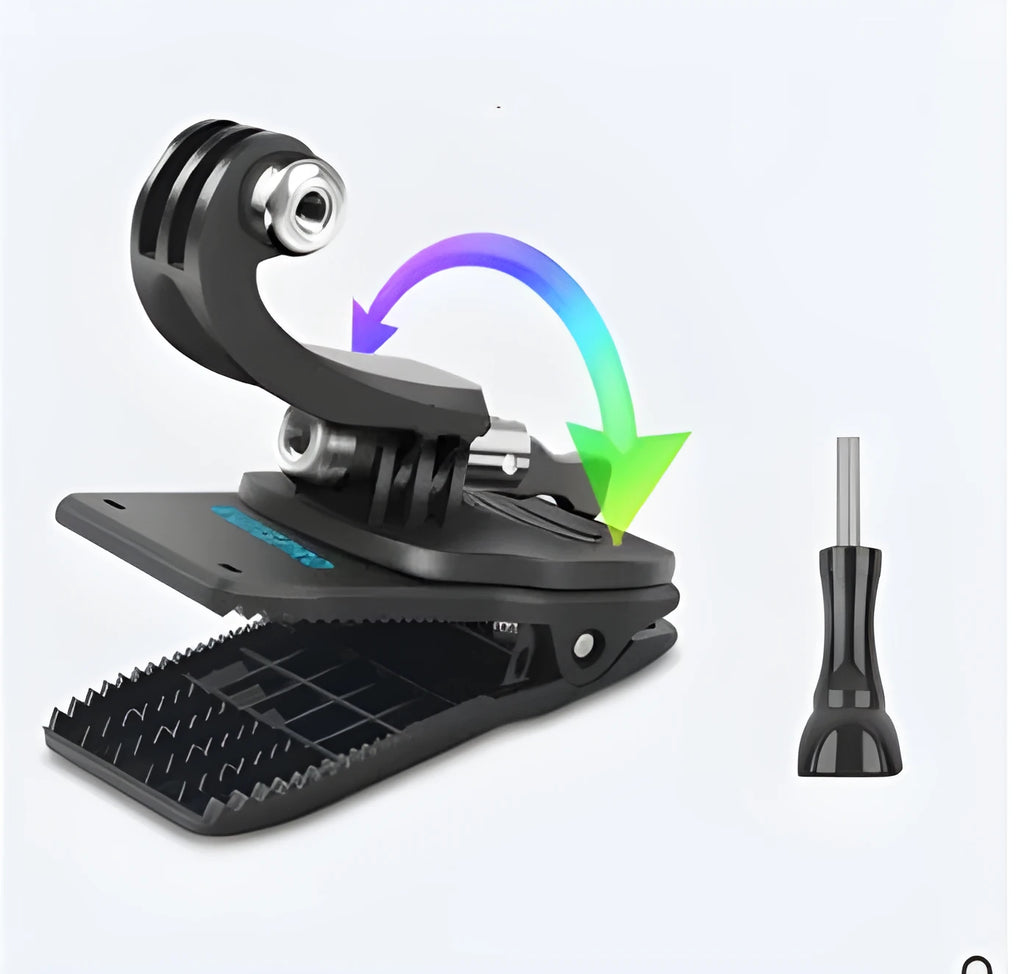 Black 360-degree rotating GoPro backpack clip mount showing aluminium joint and plastic clip, sized at 85mm by 48mm.