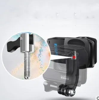 Black 360-degree rotating GoPro backpack clip mount showing aluminium joint and plastic clip, sized at 85mm by 48mm.