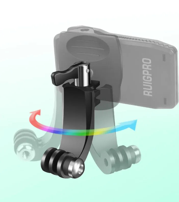 Black 360-degree rotating GoPro backpack clip mount showing aluminium joint and plastic clip, sized at 85mm by 48mm.