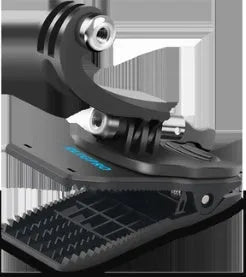 Black 360-degree rotating GoPro backpack clip mount showing aluminium joint and plastic clip, sized at 85mm by 48mm.