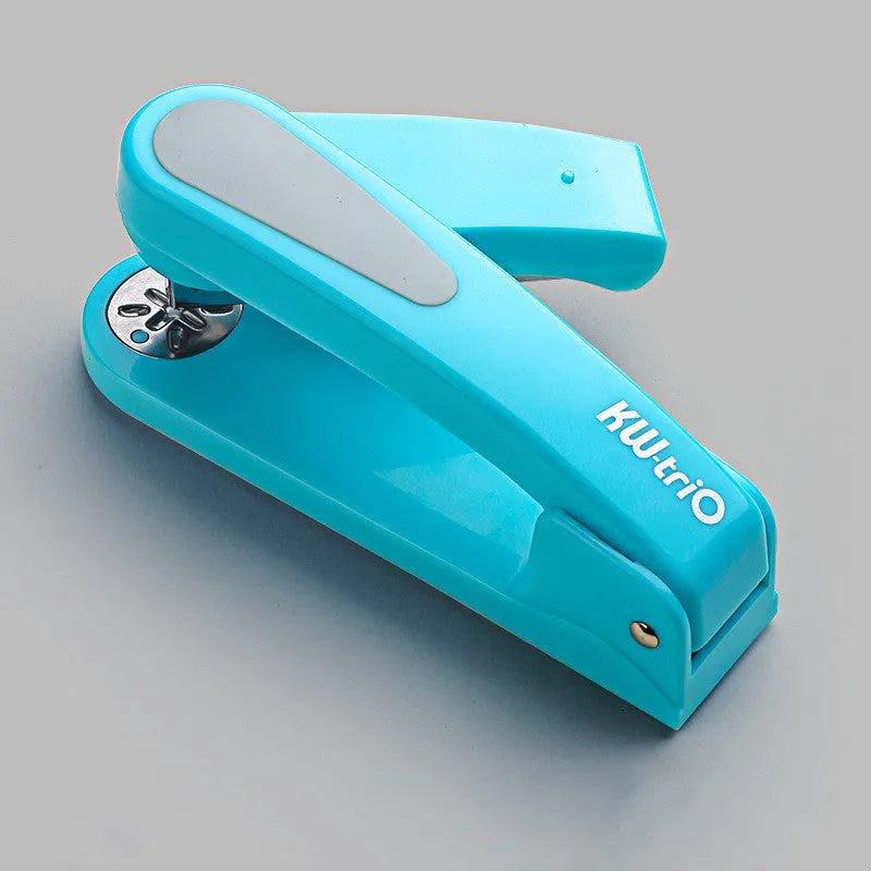 360-degree rotatable desk stapler in multiple colours showing binding directions and centre seam function.