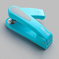 360-degree rotatable desk stapler in multiple colours showing binding directions and centre seam function.