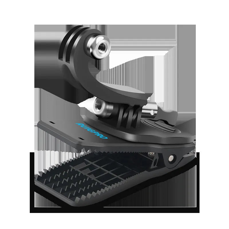 Black 360-degree rotating GoPro backpack clip mount showing aluminium joint and plastic clip, sized at 85mm by 48mm.