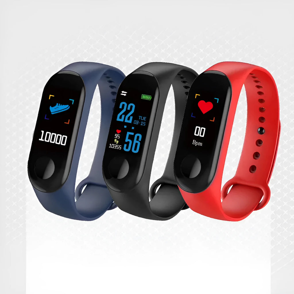 M3 smart bracelet with colour screen shown on wrist in black, red, or blue.