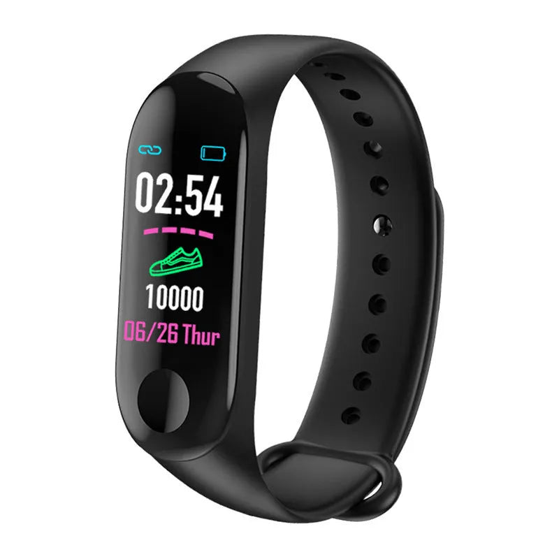 M3 smart bracelet with colour screen shown on wrist in black, red, or blue.