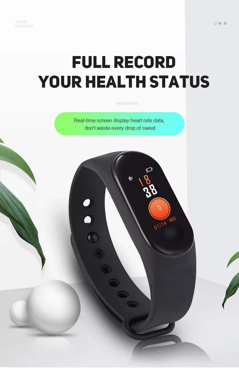 M3 smart bracelet with colour screen shown on wrist in black, red, or blue.