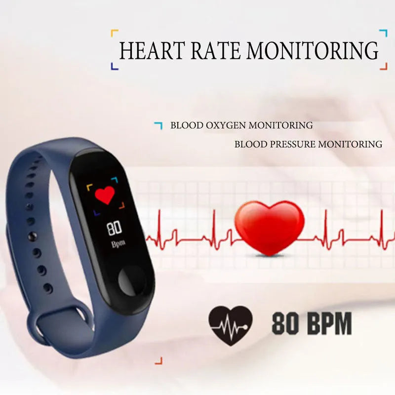 M3 smart bracelet with colour screen shown on wrist in black, red, or blue.
