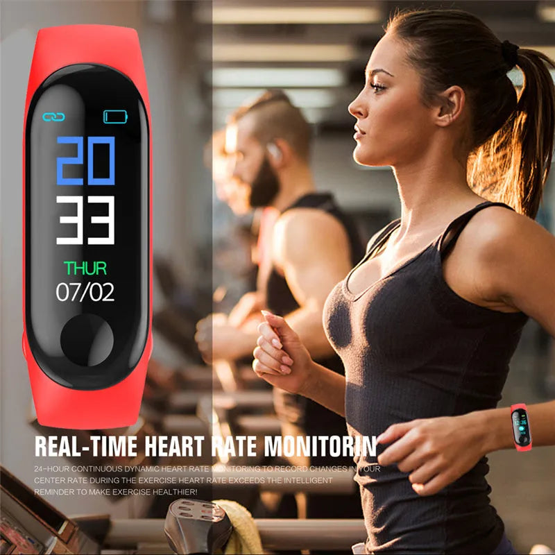 M3 smart bracelet with colour screen shown on wrist in black, red, or blue.