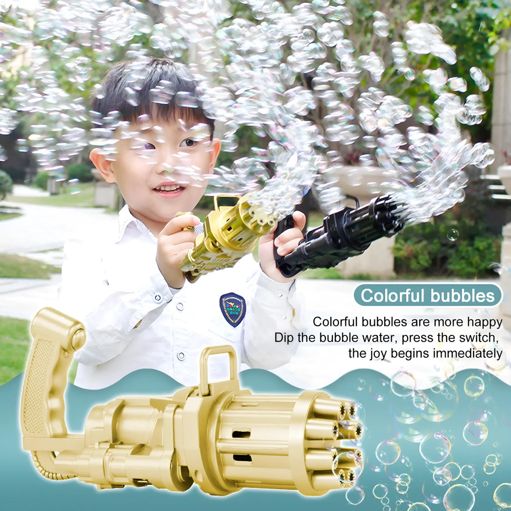 Kids plastic bubble machine gun toy in pink, gold or black colour with trigger.