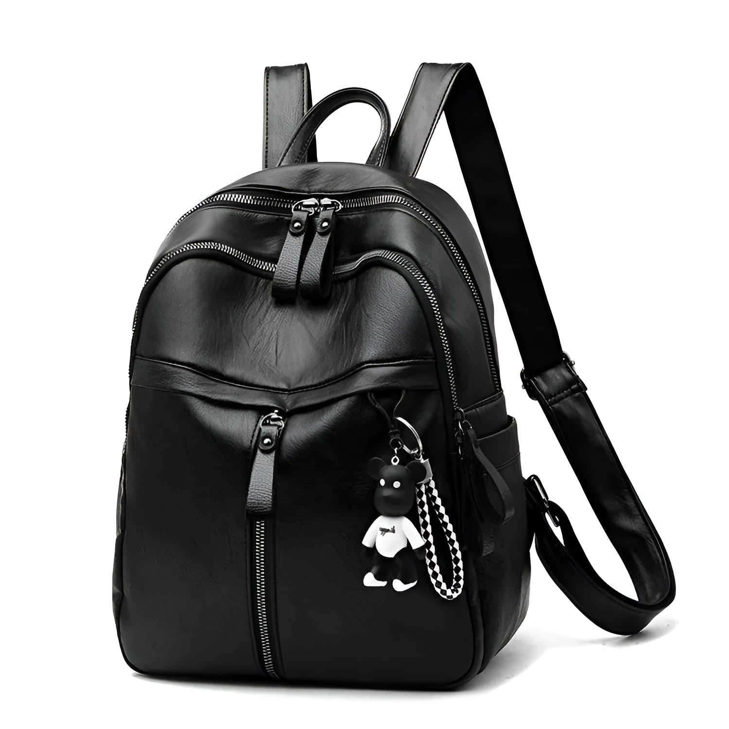Black soft surface PU leather backpack with double straps showing ID compartment and zipper opening